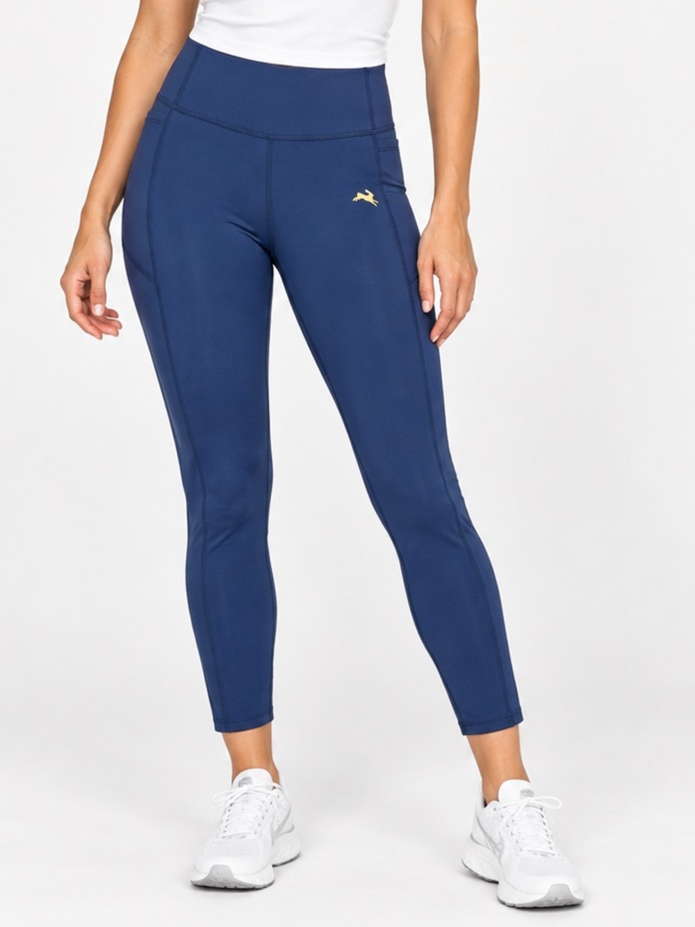 Tracksmith Allston Tights Navy Running Leggings Gold Hare Logo Women’s Small